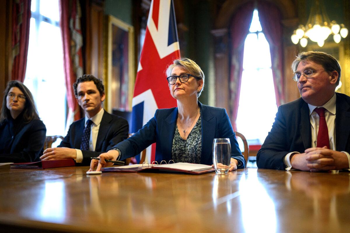 British Foreign Secretary Yvette Cooper (2nd R) speaks during a virtual summit at the Foreign & Commonwealth Office in London, England, on April 2, 2026. (Leon Neal/Reuters)