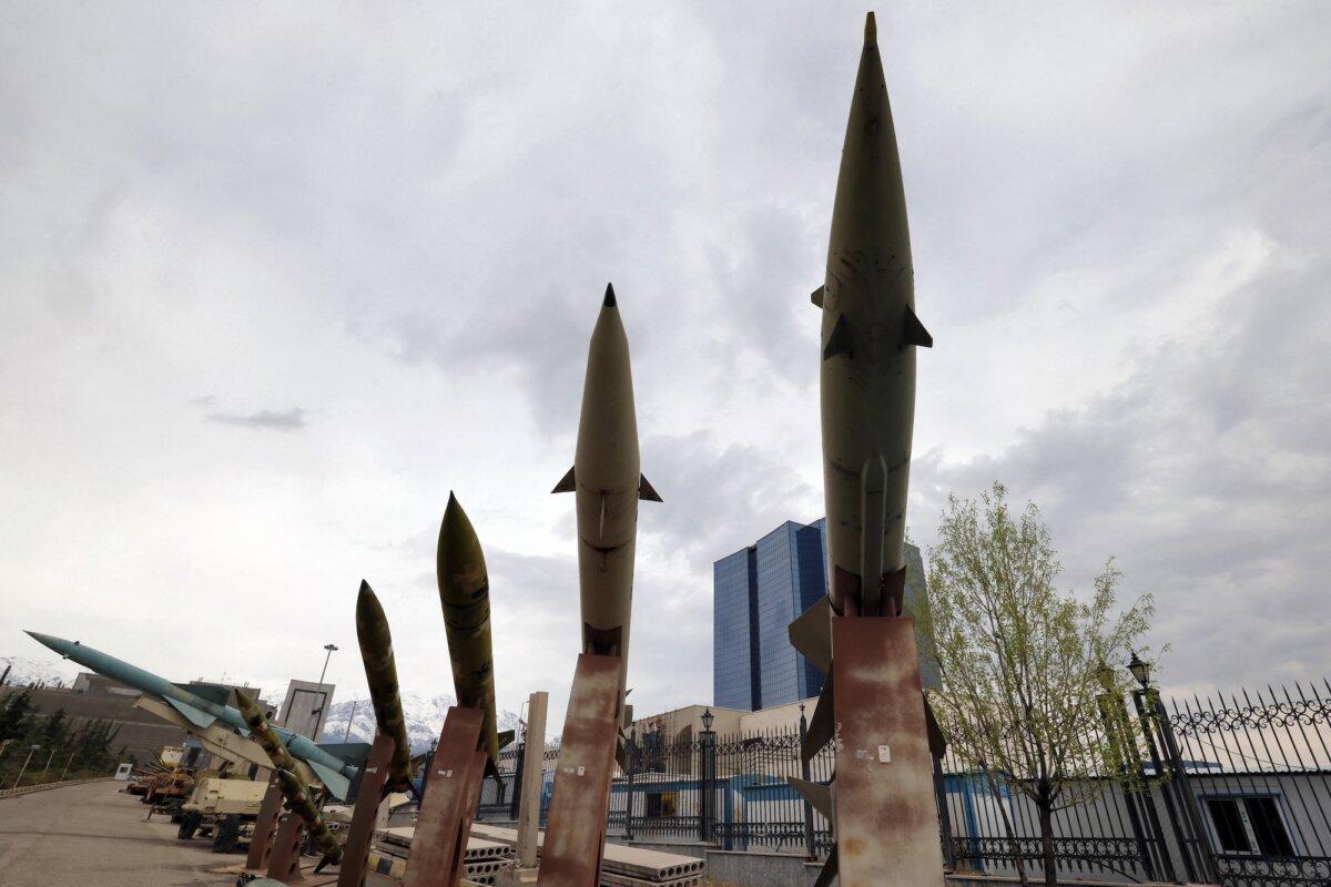 Mockups of Iranian missiles displayed outside a museum in Tehran, Iran, on March 31, 2026. (AFP via Getty Images)