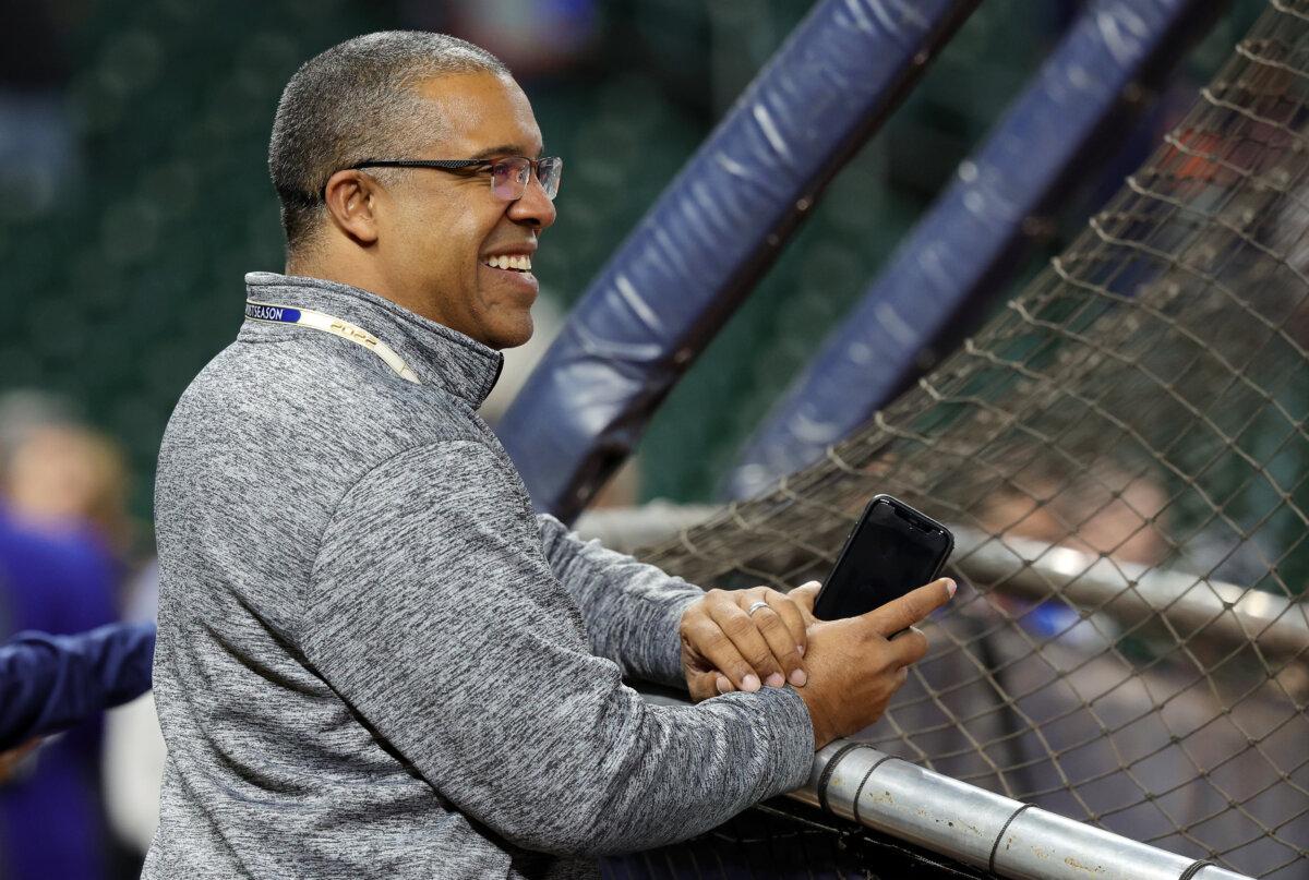 Former Major League Baseball player and ESPN baseball analyst Eduardo Pérez looks on during batting practice prior to Game One of the 2022 World Series between the Philadelphia Phillies and the Houston Astros at Minute Maid Park in Houston, Texas, on Oct. 28, 2022. (Bob Levey/Getty Images)