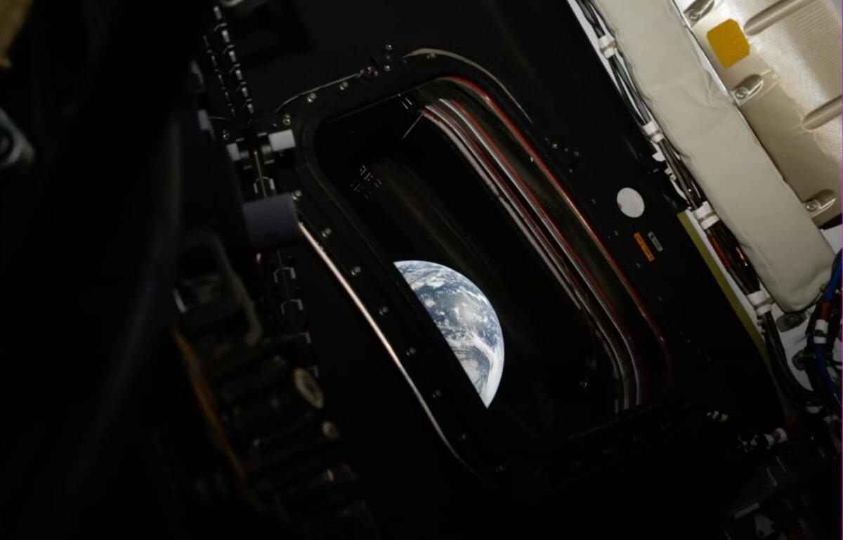 A downlink image of Earth taken by NASA’s Artemis II astronaut commander Reid Wiseman inside the Orion capsule on April 3, 2026. (NASA via AP)
