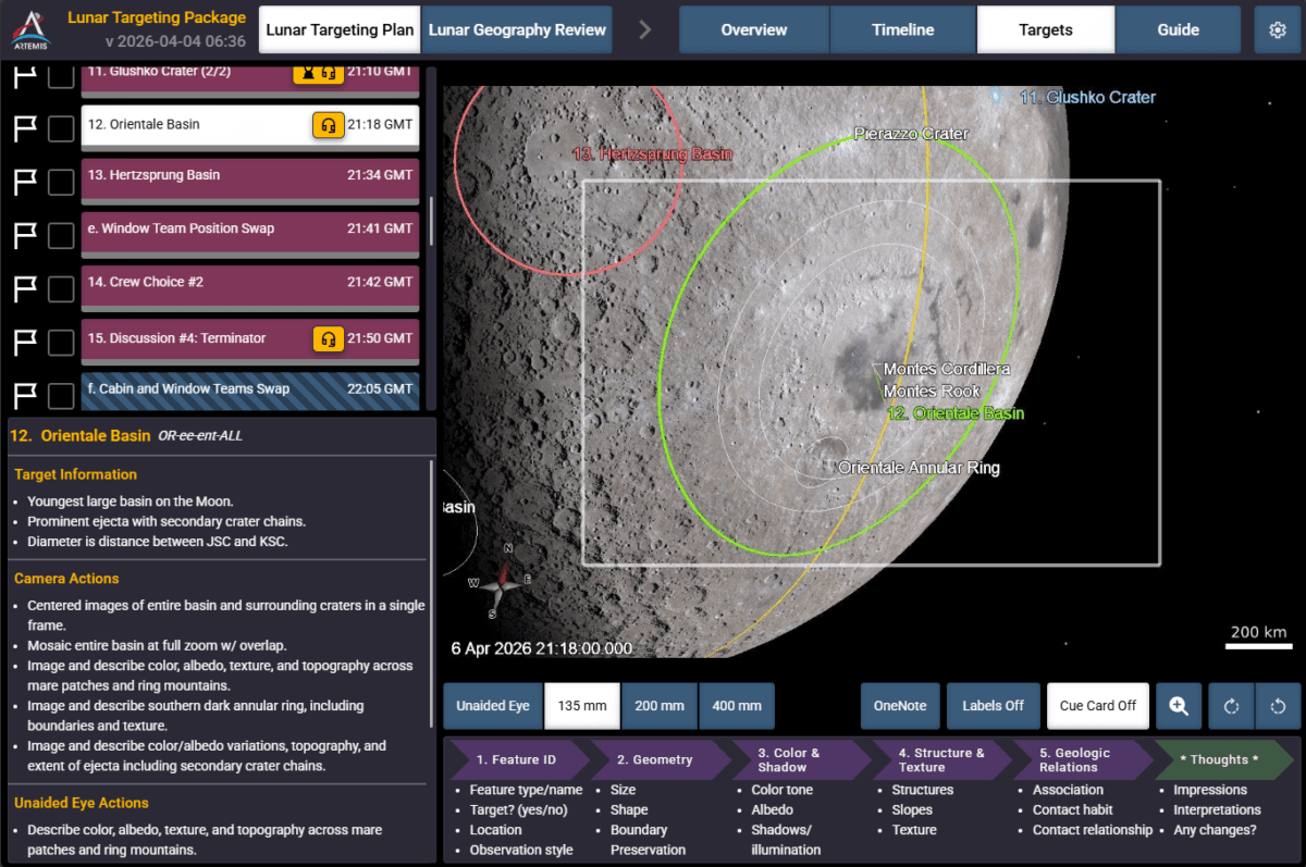 A screenshot of the application the Artemis II crew sees on their PCDs that guides them in the execution of the lunar science observation plan. This custom software was built by the Crew Lunar Observations Team, a subset of the Artemis II lunar science team. In this screenshot you can see Orientale basin, target number 12 circled on the bottom right of the Moon, and to its left, target number 13, Hertzsprung basin.<br/>(Courtesy of NASA).