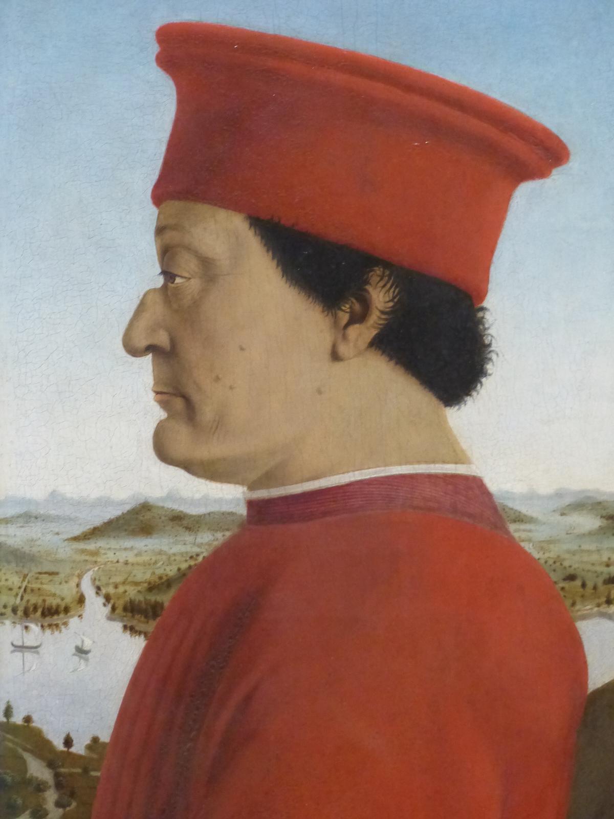 Portrait of Federico da Montefeltro from the "Diptych of Federico da Montefeltro and Battista Sforza," circa 1473–1475, by Piero della Francesca. Oil on wood. Uffizi Galleries, Florence. (<a title="User:Benjamín Núñez González" href="https://commons.wikimedia.org/wiki/User:Benjam%C3%ADn_N%C3%BA%C3%B1ez_Gonz%C3%A1lez">Benjamín Núñez González</a>/ <a title="Category:CC-BY-SA-4.0" href="https://commons.wikimedia.org/wiki/Category:CC-BY-SA-4.0">CC-BY-SA-4.0</a>)