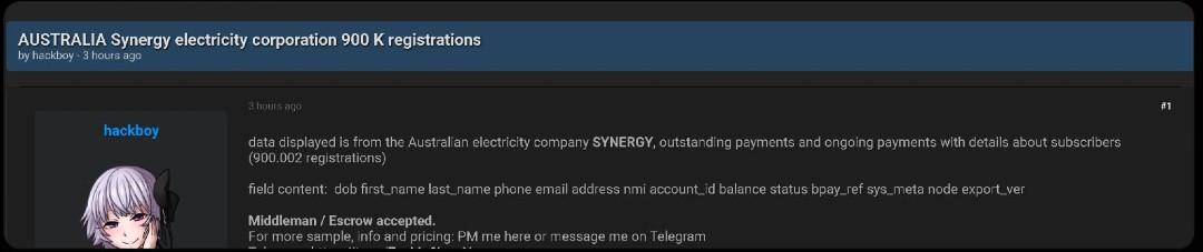 A screenshot from a dark web forum on which 'hackboy' claims to have over 900,000 records of Synergy customers and offers them for sale.