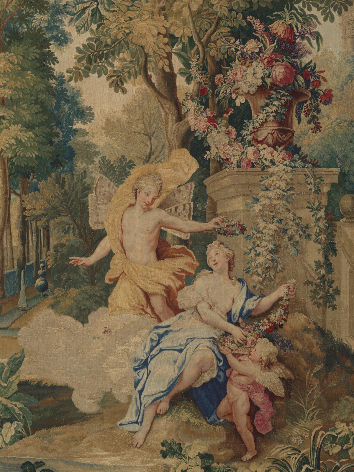 A detail of “Flora and Zephyrus (from a ‘Set of Ovid's Metamorphoses’),” 1704–1731, by Gobelins Manufactory, Paris. Tapestry weave; 127 3/4 inches by 116 1/8 inches. Gift of Mrs. Matthias Plum; Cleveland Museum of Art, Ohio. (Public Domain)
