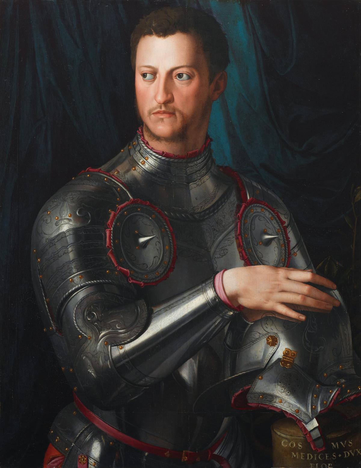 A portrait of Cosimo I de' Medici in armor, circa 1545, by Bronzino. Oil on panel; 46 1/4 inches by 38 3/4 inches. Art Gallery of New South Wales, Sydney. (Public Domain)