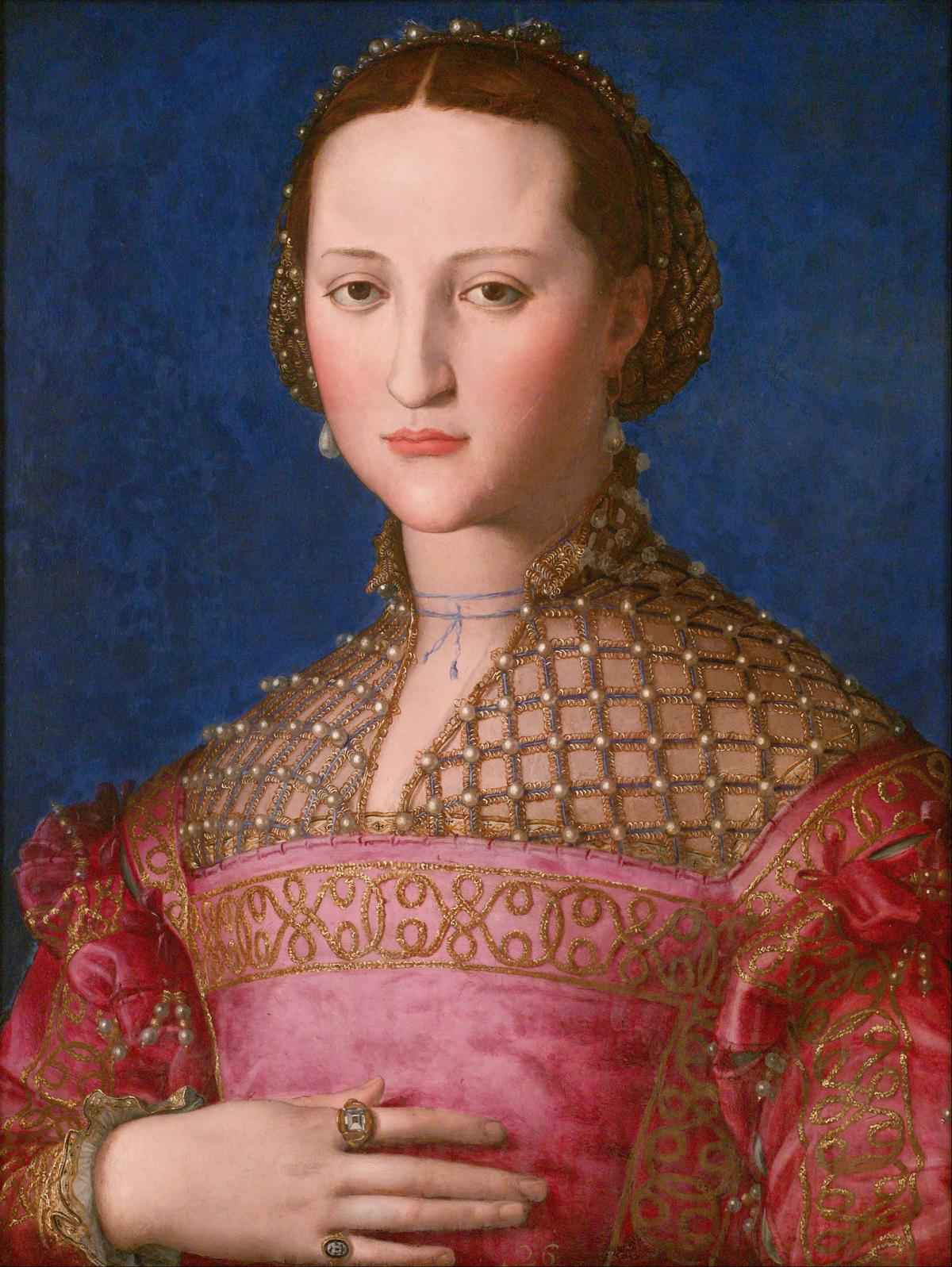 A portrait of Eleonora of Toledo, circa 1543, by Bronzino. Oil on panel; 23 1/4 inches by 18 1/8 inches. National Gallery Prague. (Public Domain)