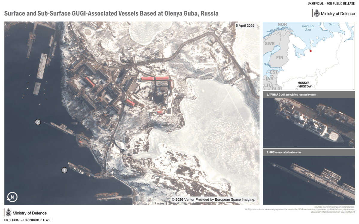 An undated satellite image of the alleged Russian submarine base at Olenya Guba in northern Russia. (UK Ministry of Defence)