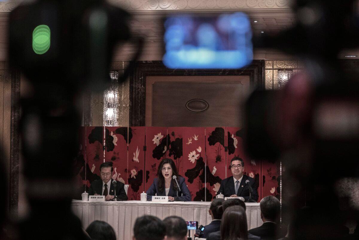 Taiwan opposition party leader Cheng Li-wun (C) of the Kuomintang speaks at a news conference in Beijing ahead of a meeting with Chinese leader Xi Jinping on April 10, 2026, while on a six-day visit. (Kevin Frayer/Getty Images)