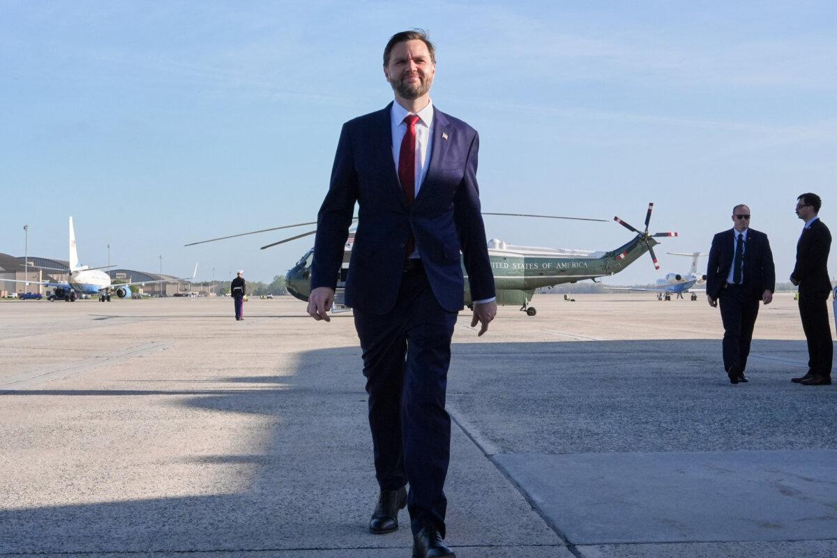 Vice President JD Vance walks to speak to reporters before boarding Air Force Two at Joint Base Andrews, Md., on April 10, 2026, as he departs for Pakistan for talks on Iran. (Jacquelyn Martin/Pool/AFP via Getty Images)