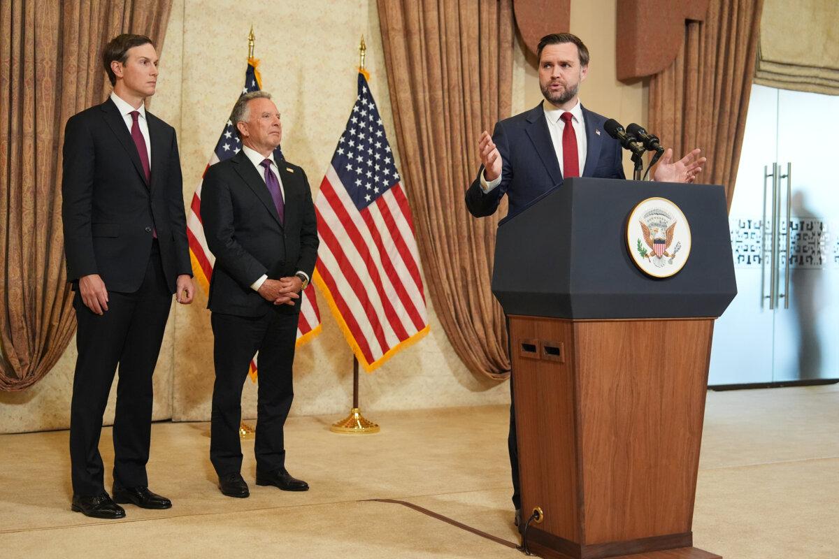 U.S. Vice President JD Vance speaks as Jared Kushner (L) and Steve Witkoff, special envoy for peace missions, listen during a news conference after a meeting with representatives from Pakistan and Iran in Islamabad on April 12, 2026. (Jacquelyn Martin-Pool/Getty Images)