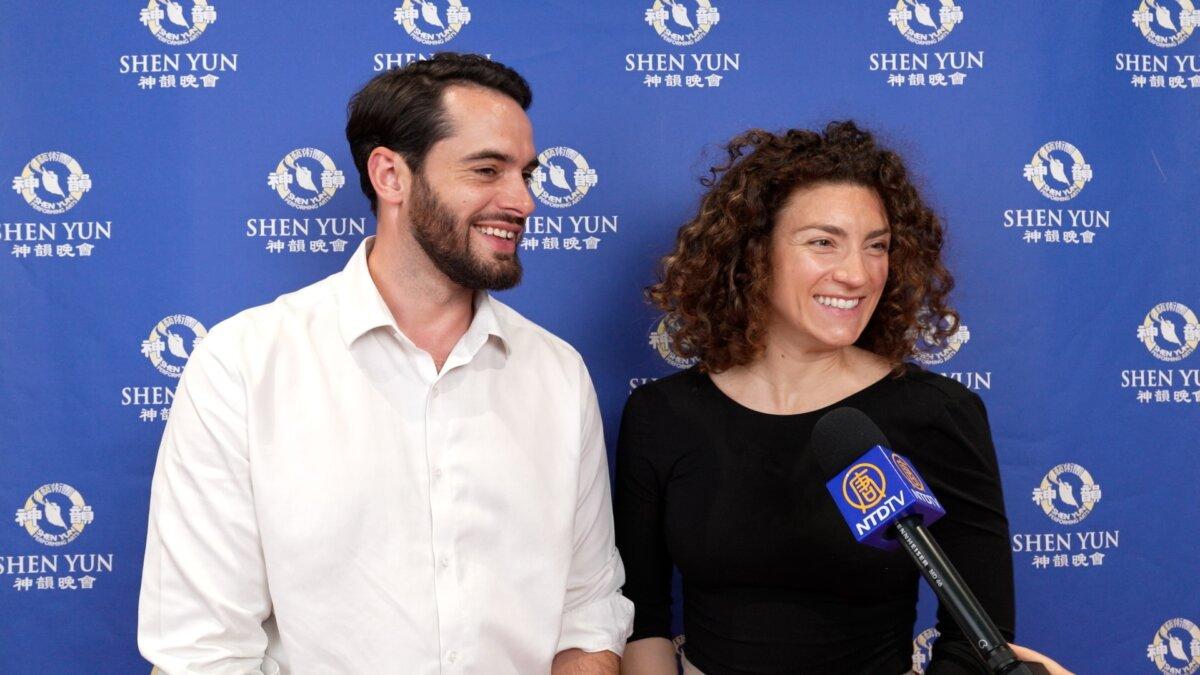 Alexia Brossard (R), a dance teacher, attends Shen Yun Performing Arts with Grégoire Bonnel, a sales executive, in Lyon, France, on April 10, 2026. (NTD)