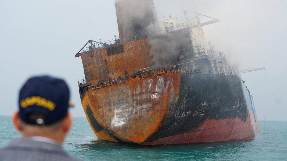 A tanker carrying Iraqi fuel oil catches fire in Iraq's territorial waters, near Basra, Iraq, on March 12, 2026. (Mohammed Aty/Reuters)