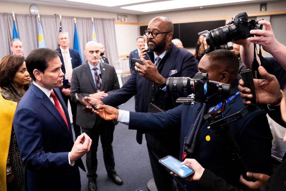 U.S. Secretary of State Marco Rubio speaks with reporters after signing agreements with the foreign minister of Congo, Therese Kayikwamba Wagner, and her Rwandan counterpart, Olivier Nduhungirehe, during a ceremony at the U.S. Institute of Peace in Washington on Dec. 4, 2025. (Allison Robbert/AFP via Getty Images)