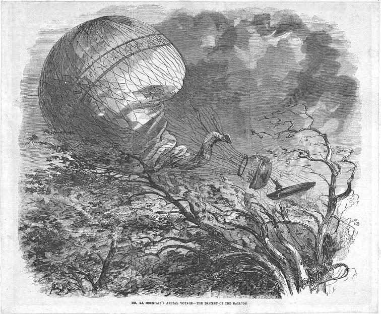 John LaMountain's balloon voyage with John Wise and Gager from St. Louis, Mo. to Henderson, N.Y., 1859. The descent of the balloon. Library of Congress. (Public Domain)