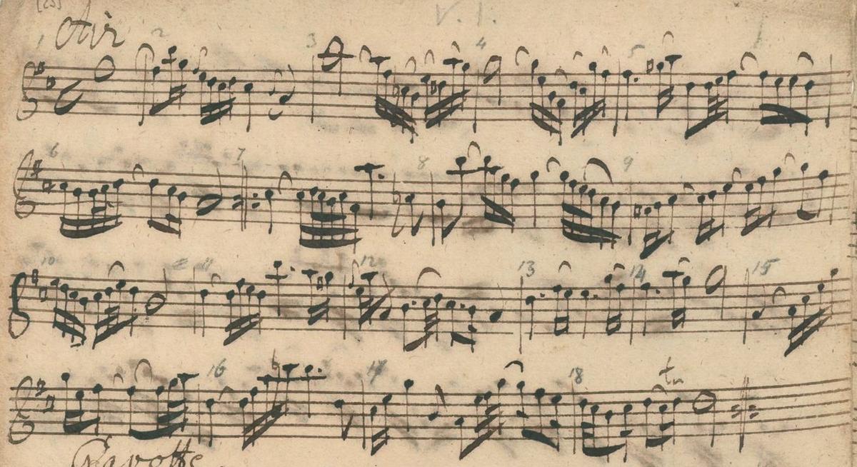 A detail of Johann Sebastian Bach's manuscript featuring the second movement titled "Air" from Orchestral Suite No. 3. (Public Domain)