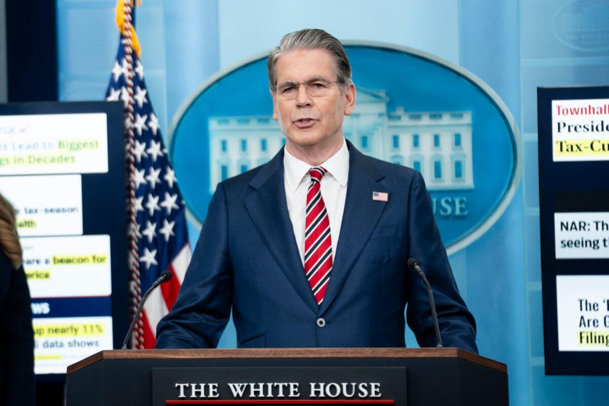 Treasury Secretary Scott Bessent speaks during a press briefing at the White House in Washington on April 15, 2026. (Madalina Kilroy/The Epoch Times)