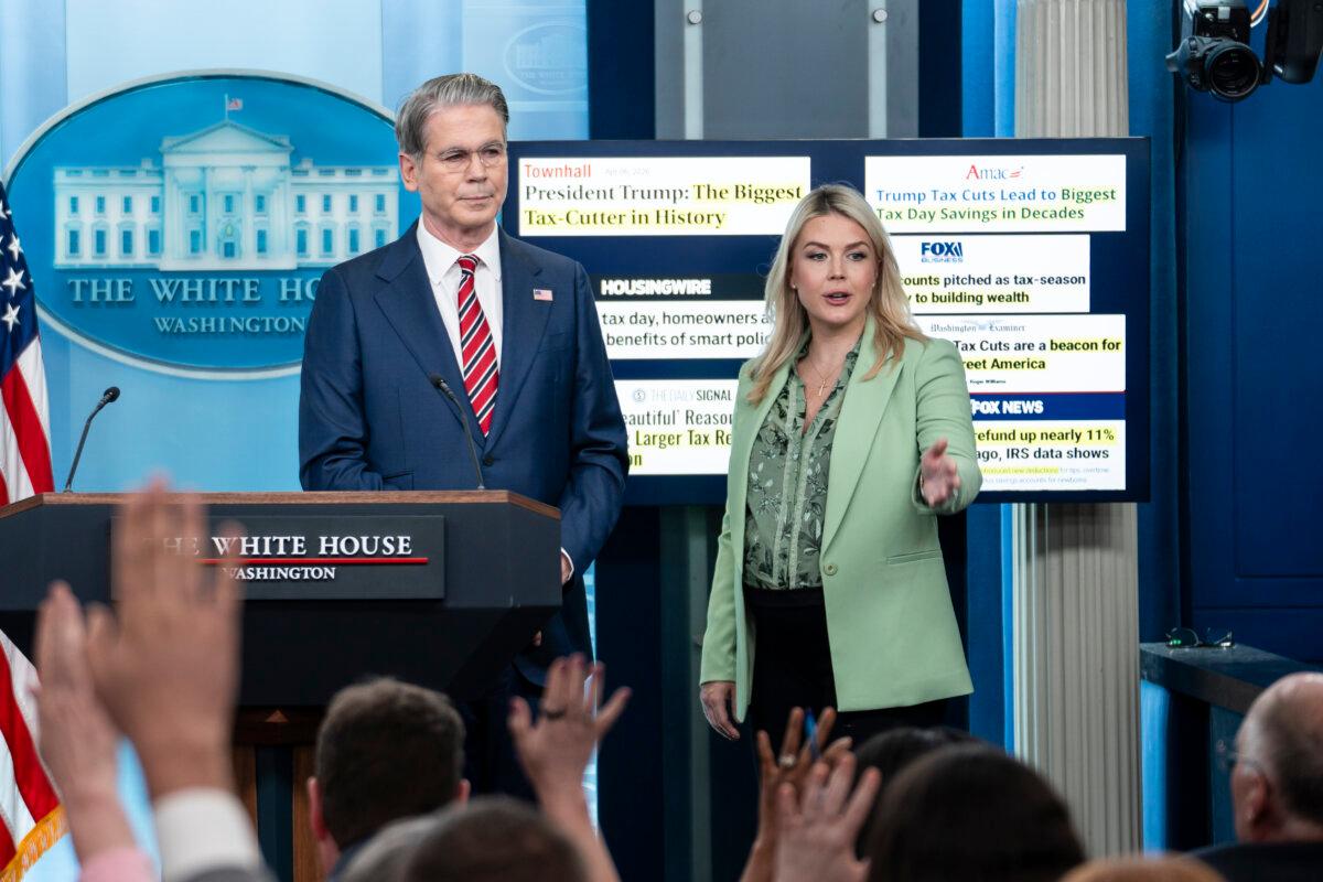 Treasury Secretary Scott Bessent and White House press secretary Karoline Leavitt during a press briefing at the White House in Washington on April 15, 2026. (Madalina Kilroy/The Epoch Times)