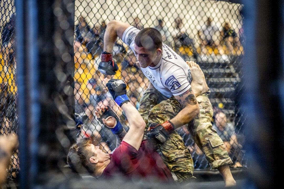 Soldiers compete in the final bouts of the 2026 Lacerda Cup at Smith Gym at Fort Benning, Ga., on April 10, 2026. The mixed martial arts event tests soldiers’ hand-to-hand combat skills. (Daniel Marble/U.S. Army)