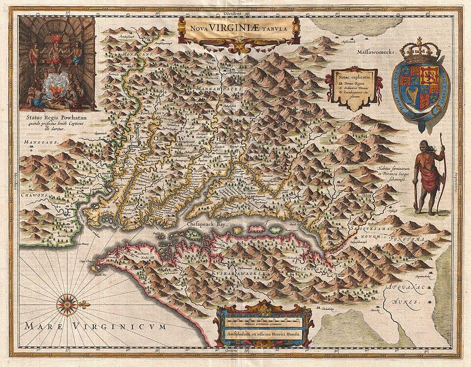 A 1630 map of the Virginia colony with the Chesapeake Bay and many of its estuaries. (Public Domain)