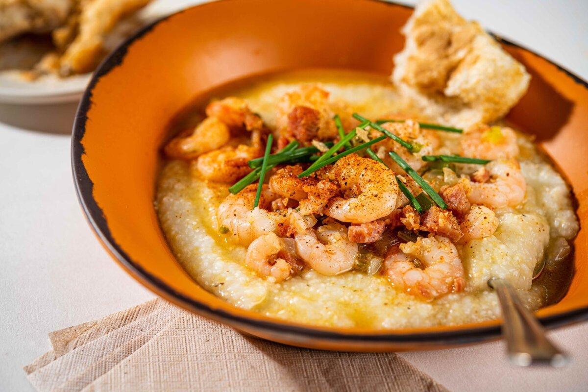 Shrimp and grits, the latter produced at George Washington’s Gristmill. (Rey Lopez)