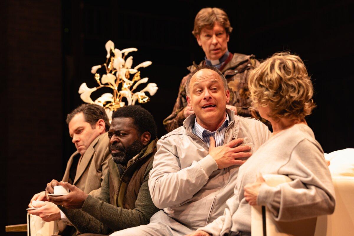 Chicago Shakespeare Theater's production of "The Merry Wives of Windsor" features Master Ford (C, Timothy Edward Kane), along with (L–R) Dr. Caius (Nate Burger), Master Page (Chiké Johnson), Sir Hugh Evans (Nick Sandys), and Mistress Ford (Issy van Randwyck). (Kyle Flubacker)
