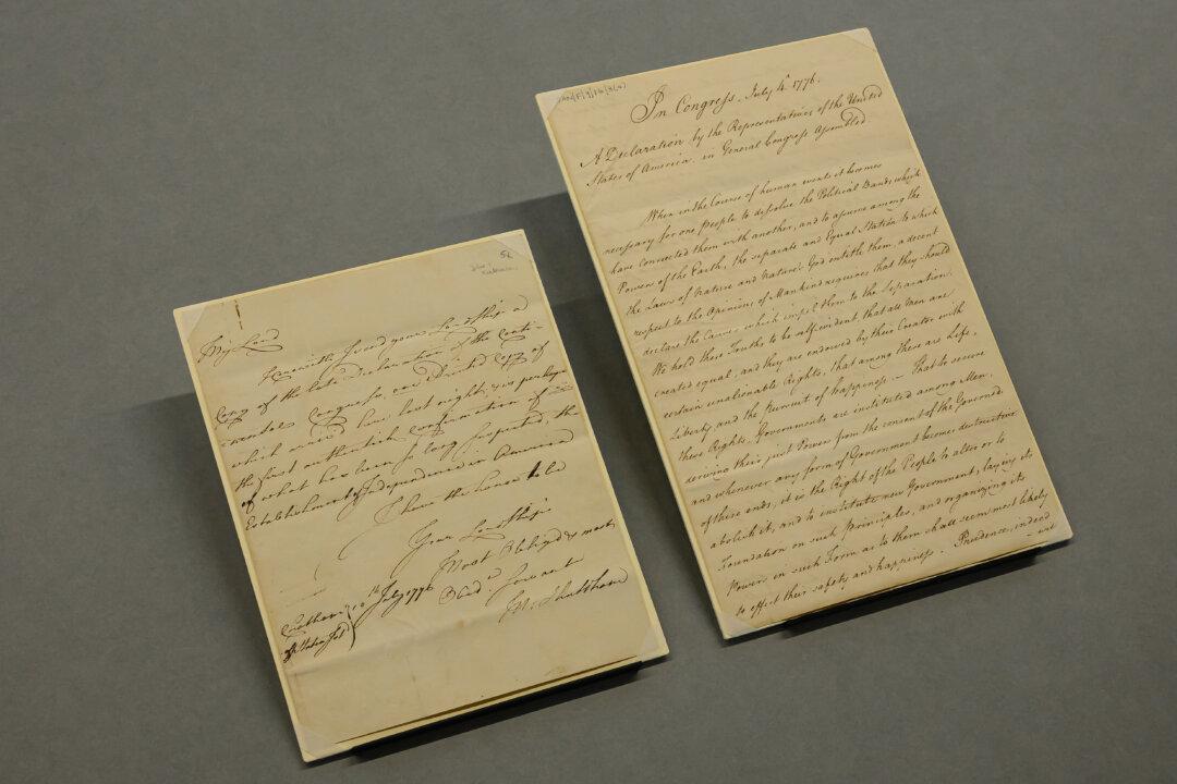 LONDON, ENGLAND - APRIL 20: A handwritten manuscript made between 5 and 10 July 1776 the earliest report of American independence to reach Britain, is displayed with an accompanying letter (L), during an exhibition preview at the National Maritime Museum on April 20, 2026 in the Greenwich area of London, England. The manuscript, sent by Vice‑Admiral Molyneux Shuldham to John Montagu, 4th Earl of Sandwich, First Lord of the Admiralty, will go on display to the public on June 15 during a free temporary exhibition marking 250 years of American Independence. In his letter, Shuldham, who was stationed in North America at the time, transcribed a Dunlap Broadside printing of the Declaration of Independence, produced on 4 July 1776, and sent it to the Earl of Sandwich. According to the museum, it is possible "this transcription was the very first text of the Declaration to reach British shores, arriving almost a month before the Dunlap Broadside itself." (Photo by Leon Neal/Getty Images)