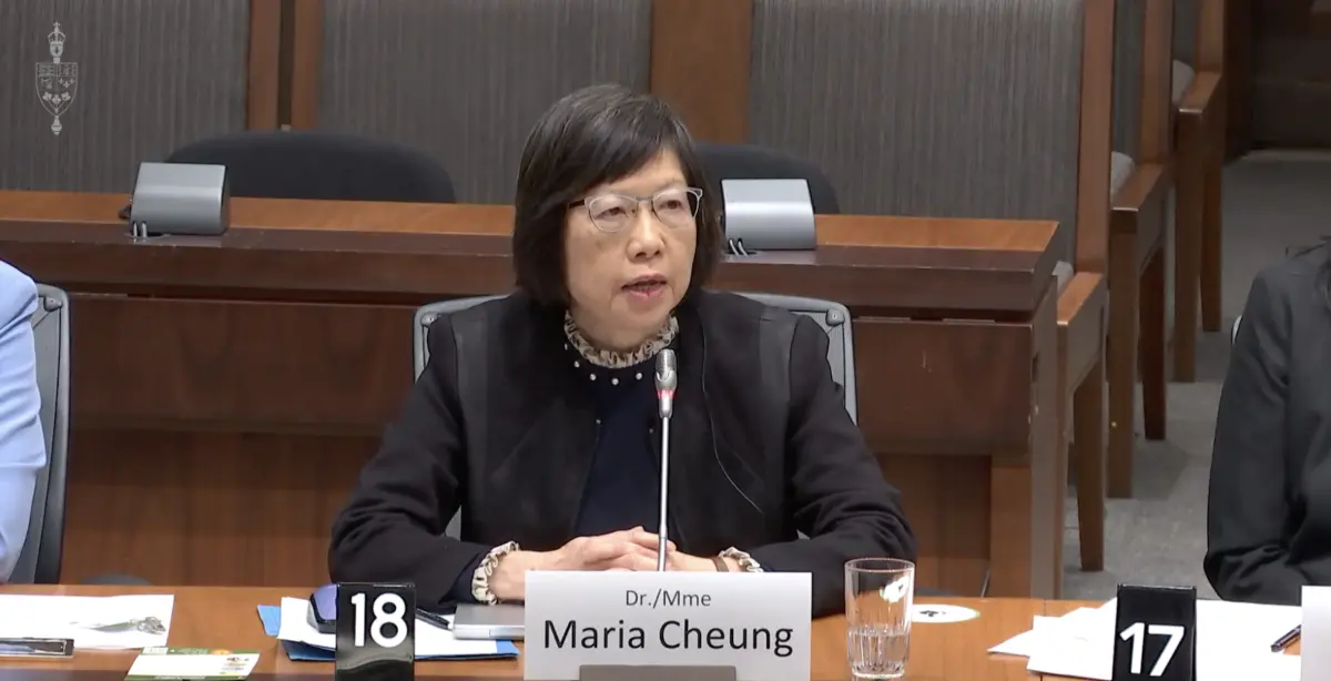 Dr. Maria Cheung, senior researcher with the Falun Dafa Association of Canada, testifies before the House of Commons Subcommittee on International Human Rights in Ottawa on April 20, 2026. (House of Commons/Screenshot via The Epoch Times)