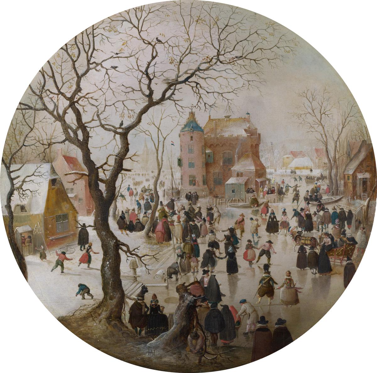 "A Winter Scene With Skaters Near a Castle," 1608, by Hendrick Avercamp. Oil on panel; 16 inches. National Gallery, London. (Public Domain)
