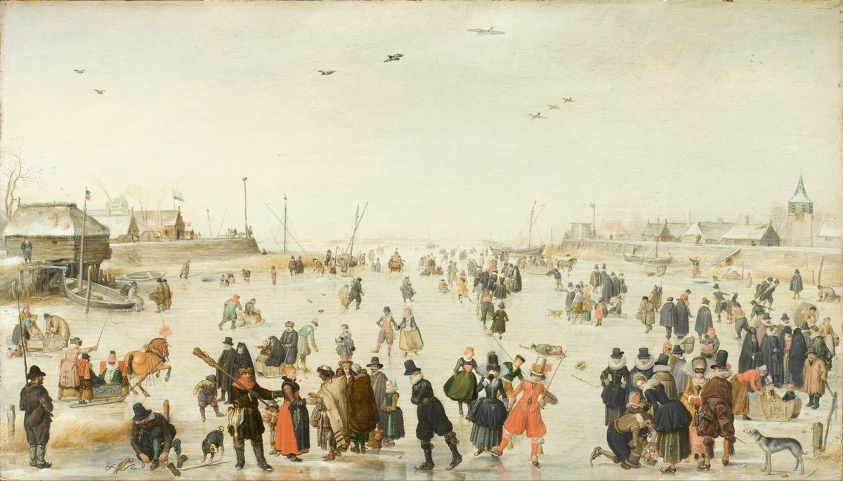 "Winter Scene on a Frozen Canal," 1620, by Hendrick Avercamp. Oil on panel; 14 1/2 inches by 25 3/4 inches. Los Angeles County Museum of Art. (Public Domain)