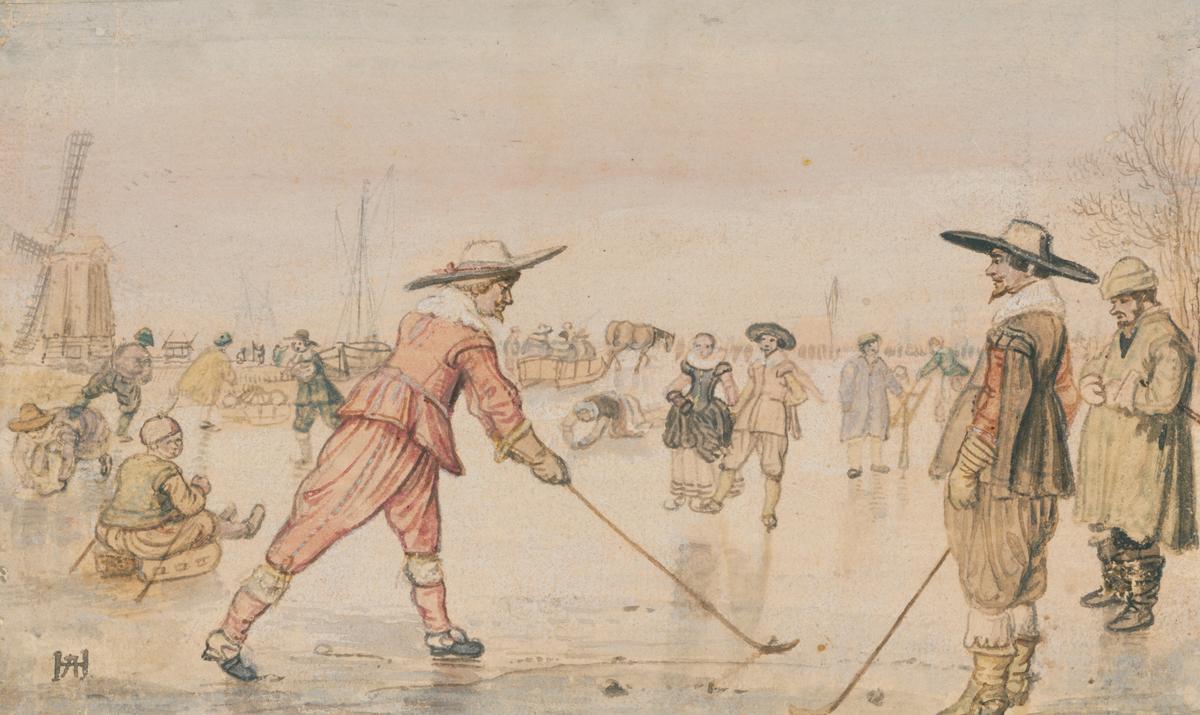 "A Winter Scene With Two Gentlemen Playing Colf," circa 1615–1620, by Hendrick Avercamp. Pen and brown ink and translucent and opaque watercolor; 3 11/16 inches by 6 1/8 inches. Getty Center, Los Angeles. (Public Domain)