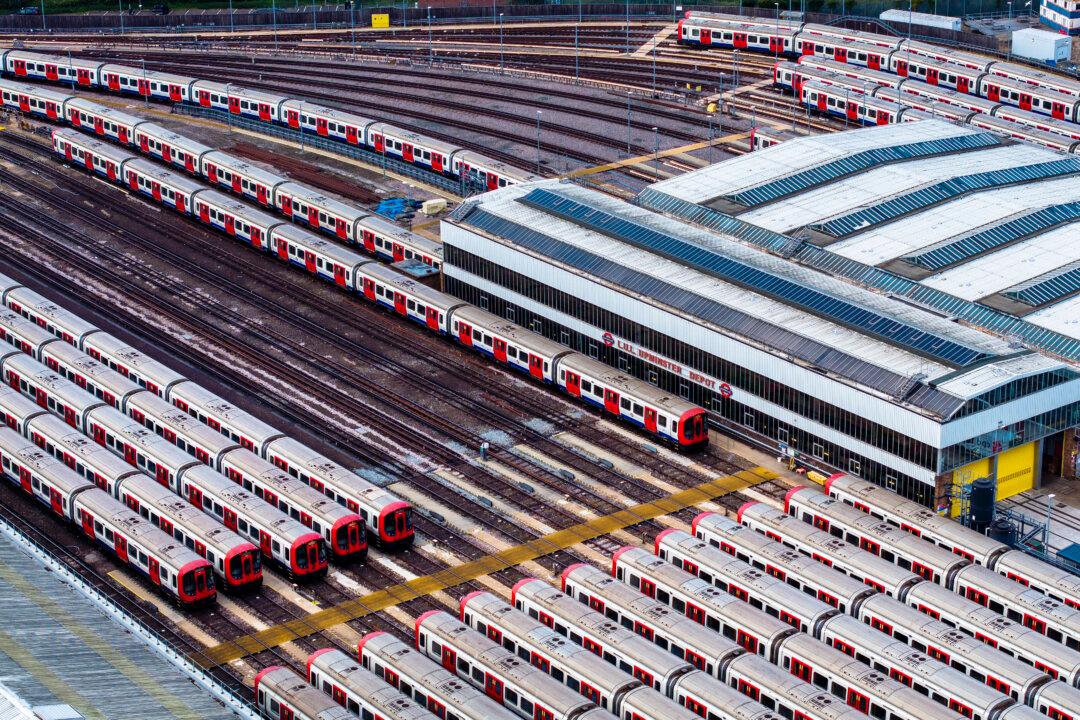 LONDON, ENGLAND - APRIL 21: An aerial view of stacked tube trains at Upminster rail depot on April 21, 2026 in London, England. A series of 24-hour strikes by London Underground workers begins today, causing widespread disruption to some of the city's transport system. Members of the Rail, Maritime and Transport (RMT) union recently voted for strike action in relation to a plan for a 4-day work week, citing concerns about shift lengths, working time arrangements and the impact of fatigue on safety. (Photo by Dan Kitwood/Getty Images)