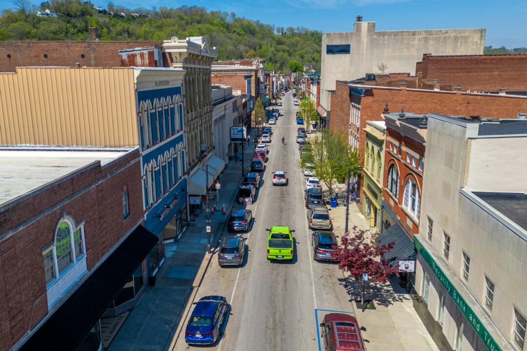 An aerial view looking west over West Second Street in Maysville, Ky., on April 10, 2026. (Glenn Hartong for The Epoch Times)