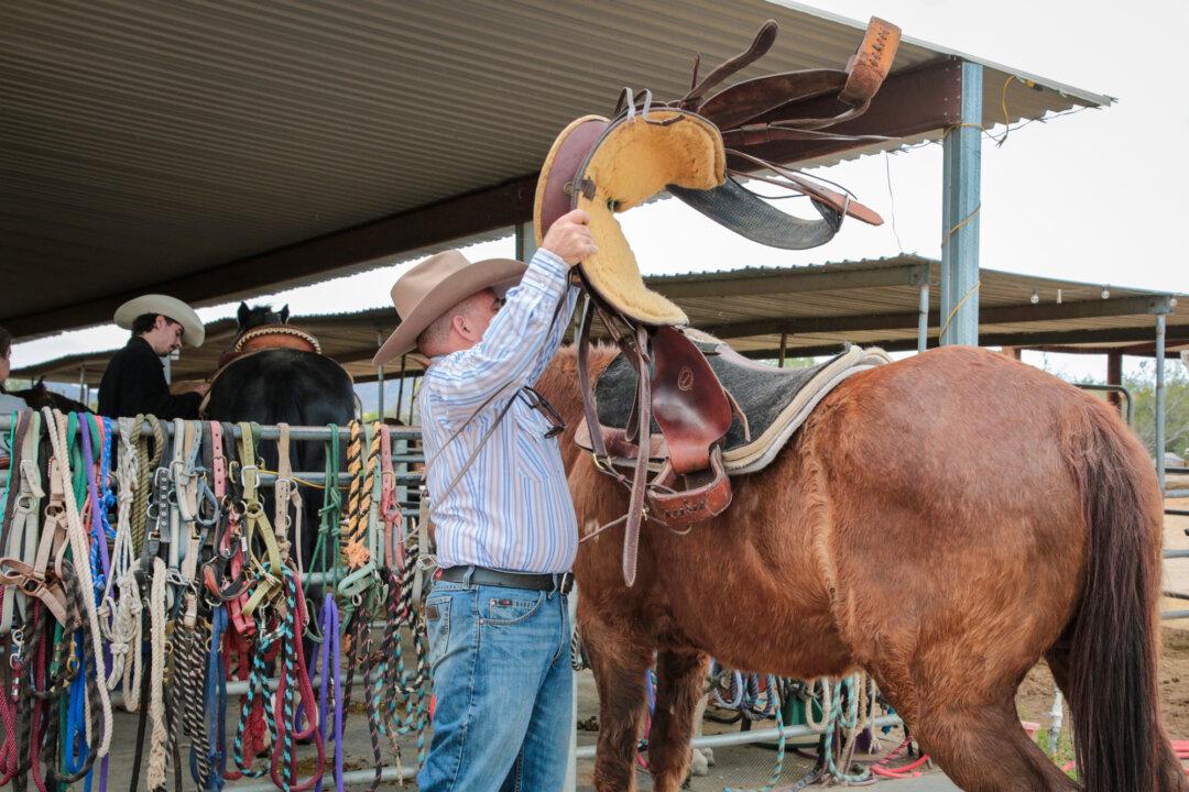Jason, an investigator for a Texas regulatory agency, gets into cowboy life at the Arizona Cowboy College in Scottsdale, Ariz., on April 13, 2026. (Richard Moore/The Epoch Times)