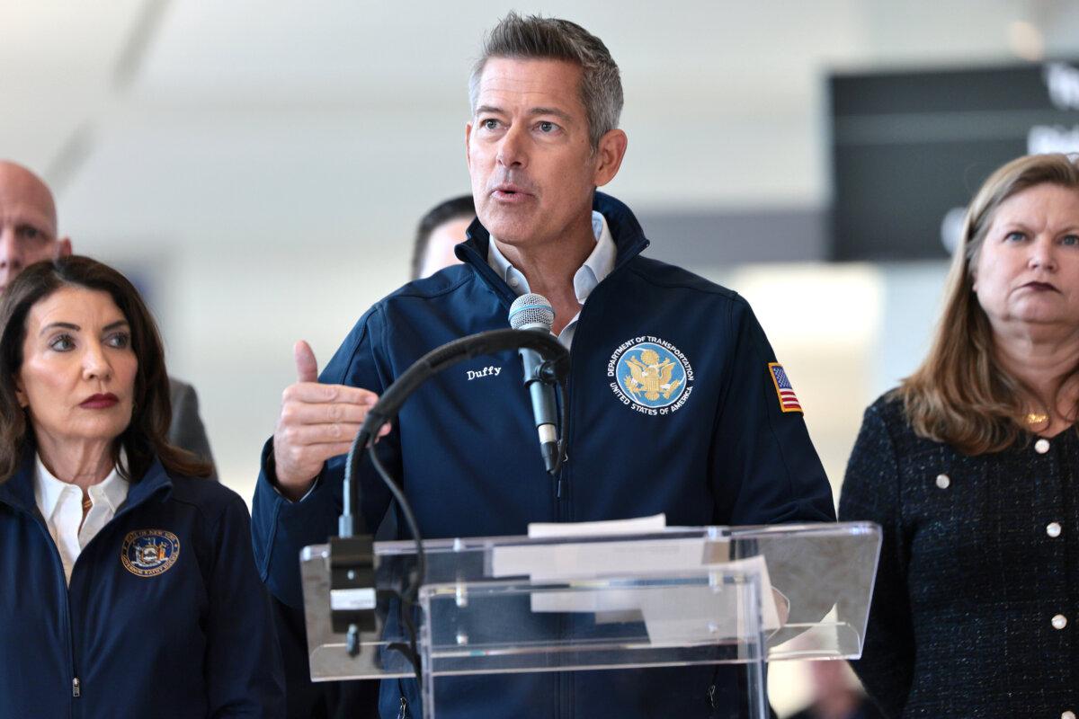 Transportation Secretary Sean Duffy speaks during a press conference on the Air Canada Express crash at Terminal B in LaGuardia Airport in New York City on March 23, 2026. (Michael M. Santiago/Getty Images)