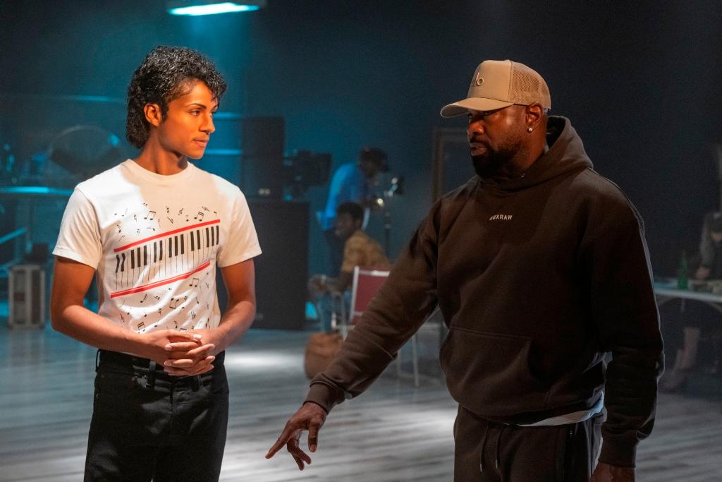 Jaafar Jackson (L) and director Antoine Fuqua on the set of "Michael." (Glen Wilson/Lionsgate)