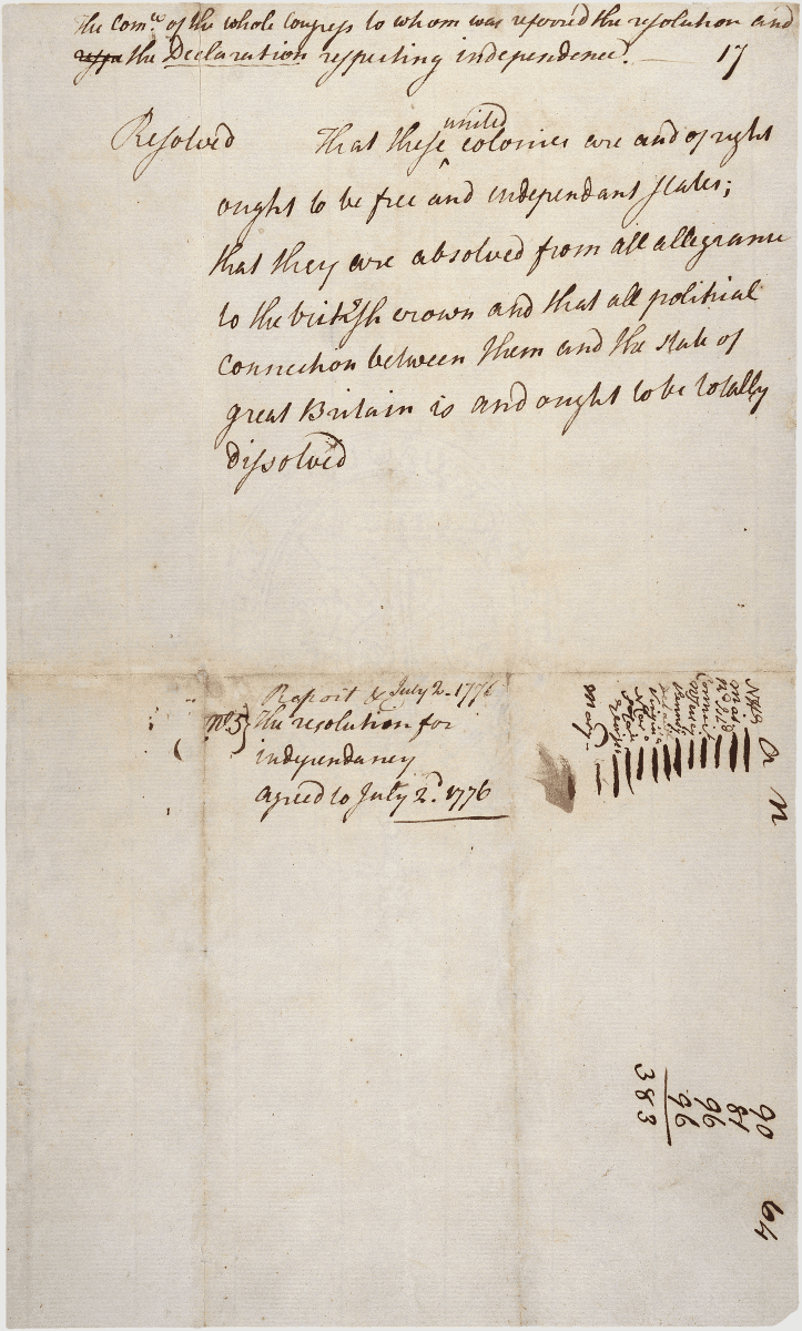 "The Resolution for Independence agreed to July 2, 1776" in the handwriting of Charles Thomson, secretary of the Continental Congress. Thomson's marks at the bottom right indicate the 12 colonies that voted for independence, while the Province of New York abstained. (Public Domain)