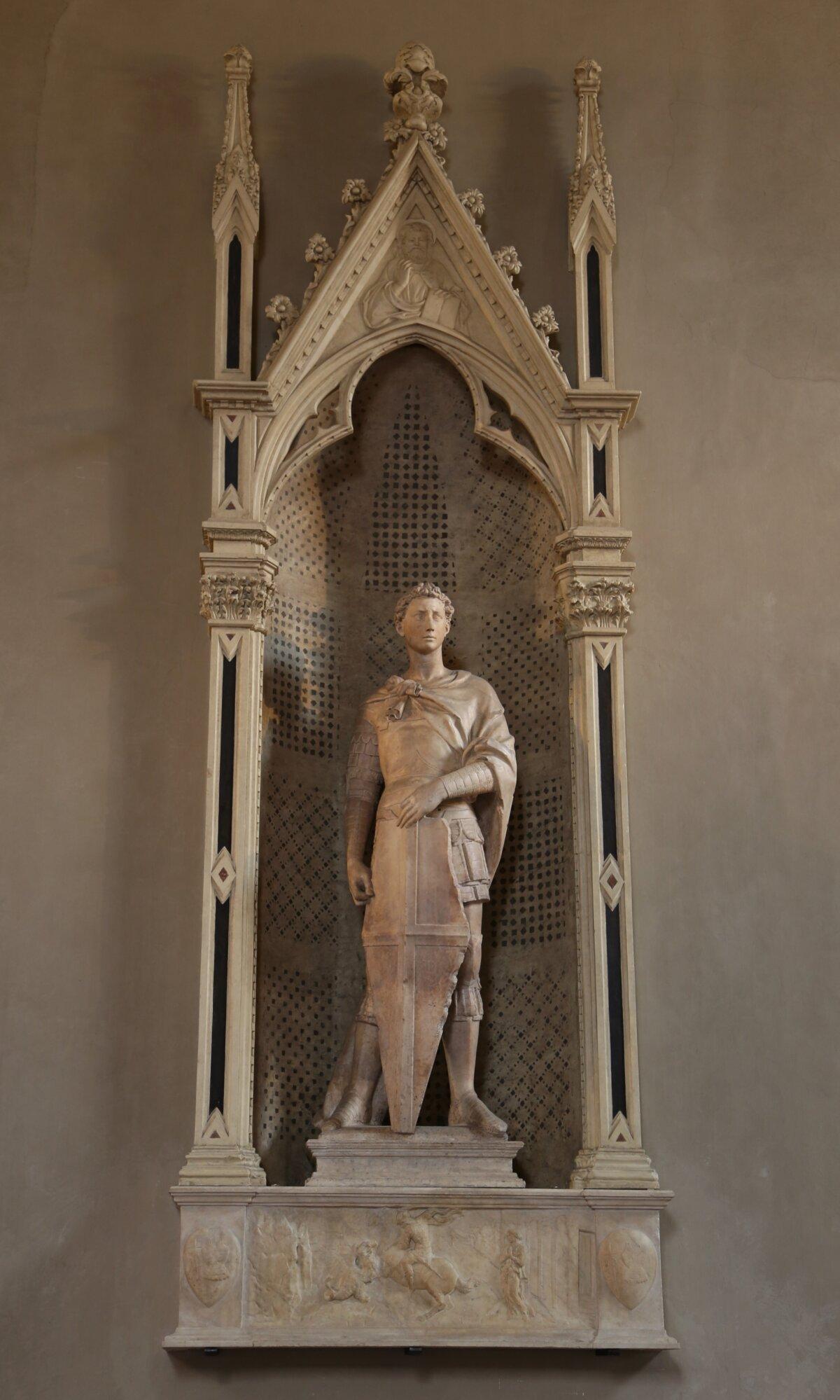 A statue of St. George, 1415–1417, by Donatello. Marble; 82 1/4 inches. “St. George Slaying the Dragon,” circa 1416, by Donatello. Marble relief; 15 3/8 inches by 50 3/4 inches. Bargello National Museum, Florence. (Rufus46/CC BY-SA 3.0)