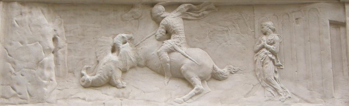 “St. George Slaying the Dragon,” 1416, by Donatello. Marble; 15 3/8 inches by 50 3/4 inches. Bargello National Museum, Florence. (<a href="https://commons.wikimedia.org/wiki/File:Orsanmichele,_san_giorgio_e_la_principessa_di_donatello.jpg">Sailko/CC BY-SA 3</a>)