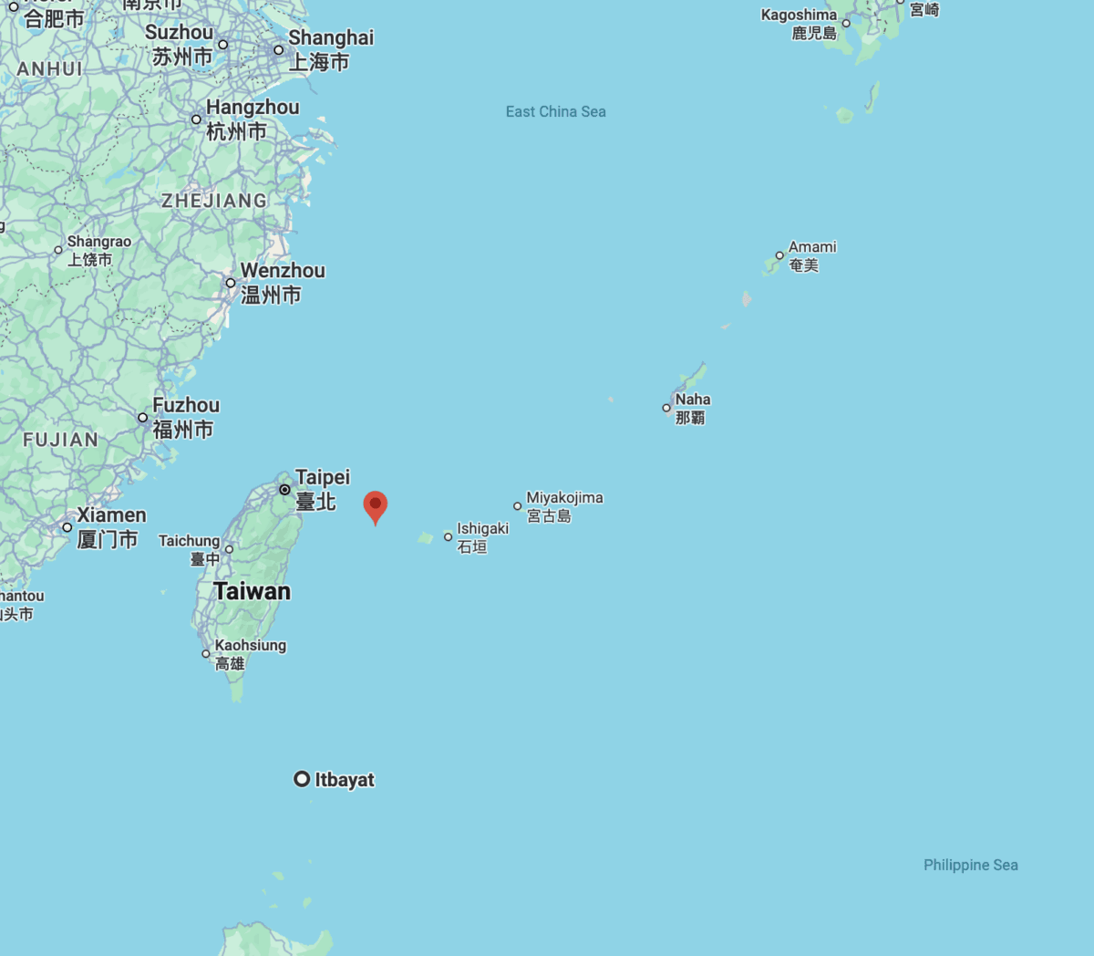 Location of Yonaguni Island on a Google Map. (Screenshot, The Epoch Times)