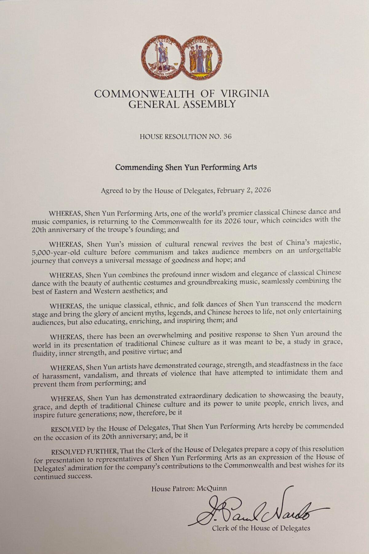 The Virginia House of Delegates unanimously passed House Resolution No. 36 on Feb. 2, 2026, commending Shen Yun Performing Arts.