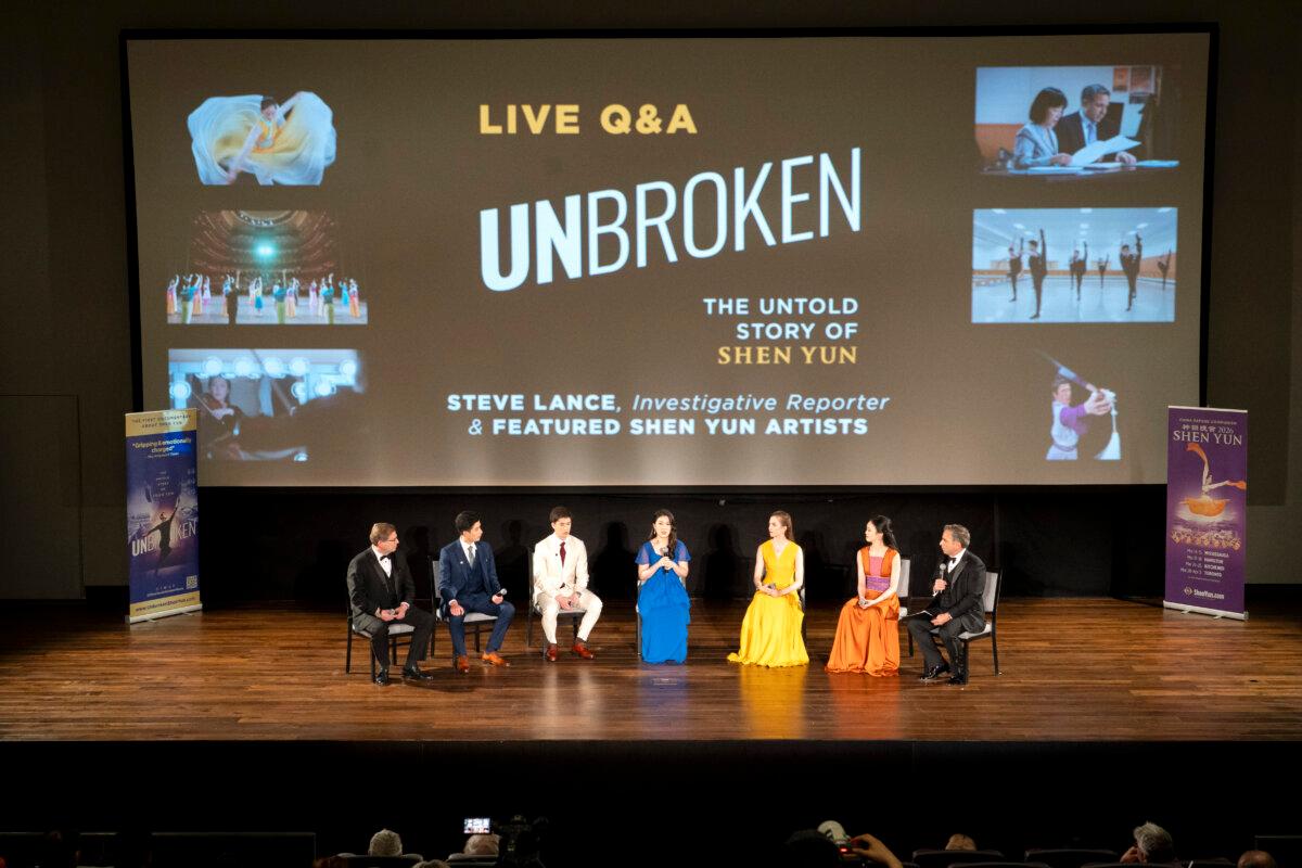 (L–R) Levi Browde, Shen Yun dancers Lucas Browde and Jesse Browde, Shen Yun violist Rachel Chen, Shen Yun dancers Lillian Parker and Sunni Zhou, and the film's producer, Steve Lance, at the Canadian premiere of the documentary "Unbroken: The Untold Story of Shen Yun" at Hotel X in Toronto on April 22, 2026. (Courtesy of Evan Ning)