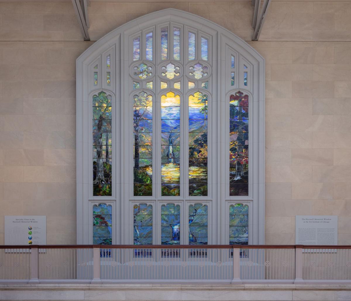 The 1917 "Hartwell Memorial Window," designed by Agnes F. Northrop for Tiffany Studios, is installed at the top of the Woman’s Board Grand Staircase. (Courtesy of the Art Institute of Chicago)
