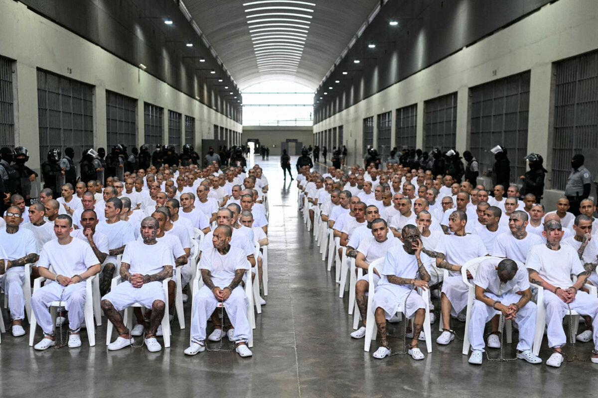 Alleged members of the Mara Salvatrucha (MS-13) gang attend a remote court hearing by videoconference at the Terrorism Confinement Center (CECOT) in Tecoluca, El Salvador, on April 23, 2026. (Marvin Recinos/AFP via Getty Images)