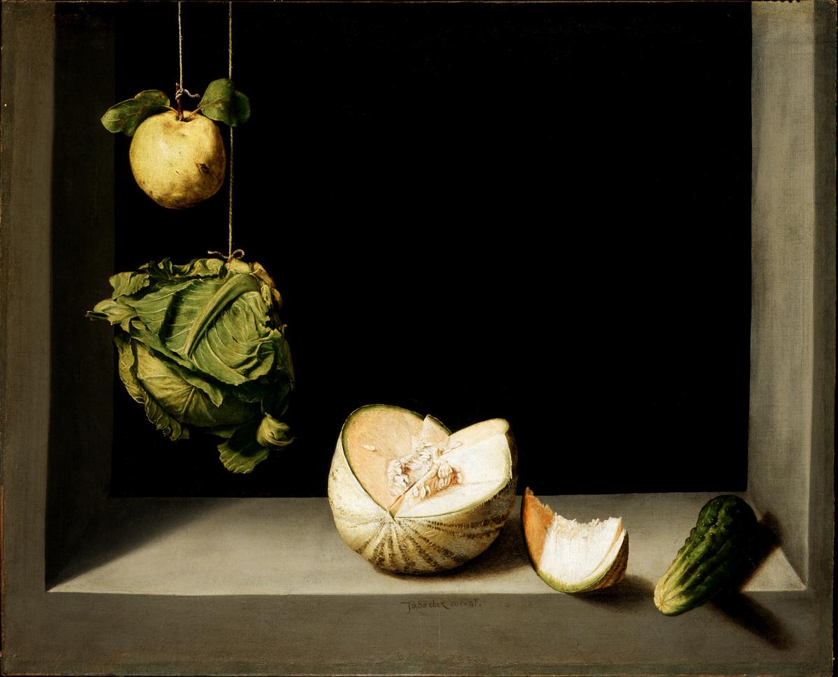 "Still Life With Quince, Cabbage, Melon, and Cucumber," circa 1602, by Juan Sánchez Cotán. Oil on canvas; 27 1/8 inches by 33 1/4 inches. San Diego Museum of Art. (Public Domain)