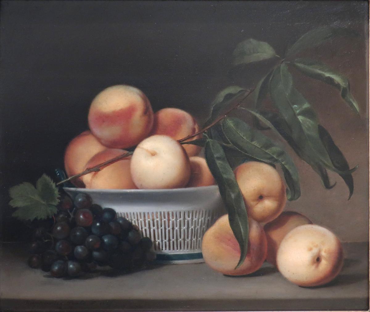 "Peaches and Grapes in a Chinese Export Basket," 1813, by Raphaelle Peale. Oil on panel; 14 1/2 inches by 17 1/2 inches. Amon Carter Museum of American Art, Fort Worth, Texas. (Public Domain)