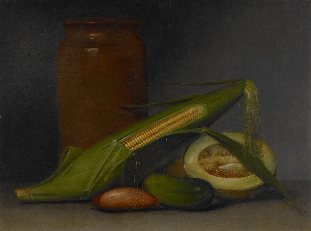 "Corn and Cantaloupe," circa 1813, by Raphaelle Peale. Oil on panel; 14 1/2 inches by 19 1/2 inches. Crystal Bridges Museum of American Art, Bentonville, Arkansas. (Public Domain)