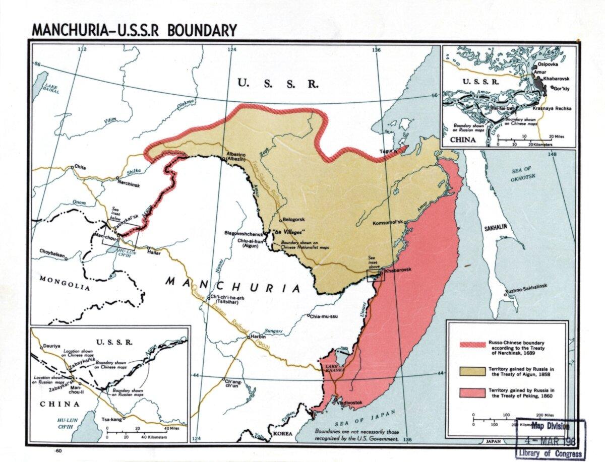 Chinese territory ceded to Russia in the Treaty of Aigun in 1858 and the Treaty of Peking in 1860. (Library of Congress Geography and Map Division/Public Domain)