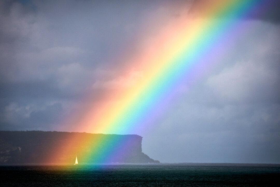TOPSHOT - A sailing boat passes a rainbow in front of North Head on Sydney Harbour on April 24, 2026. (Photo by DAVID GRAY / AFP via Getty Images)