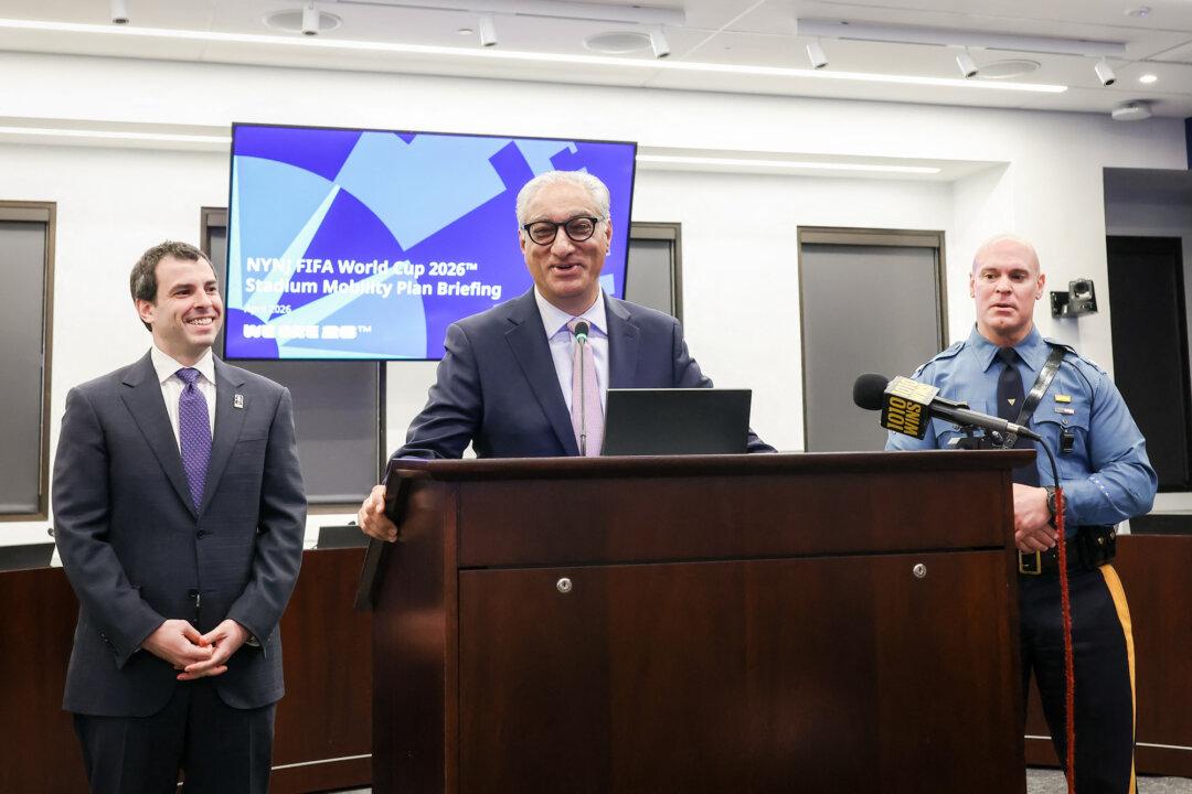New Jersey Transit CEO Kris Kolluri (C) speaks during a press briefing on the New York/New Jersey FIFA World Cup 2026 regional mobility plan in Newark, N.J., on April 17, 2026. NJ Transit announced that round-trip rail tickets to MetLife Stadium will be $150. The New York/New Jersey World Cup host committee will offer a round-trip shuttle bus with tickets costing $80 each. (Charly Triballeau/AFP via Getty Images)