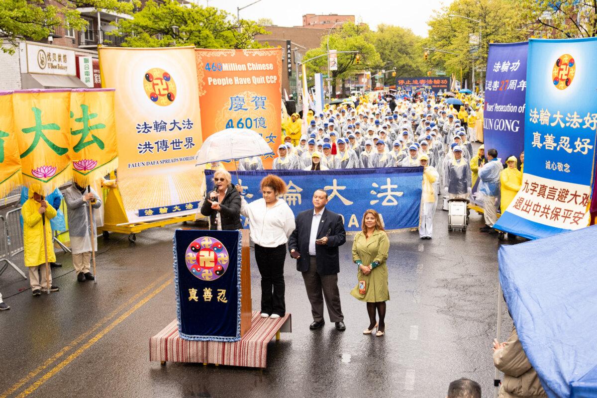 Martha Flores-Vazquez, Democratic leader for the 40th District of the New York State Assembly, speaks at a rally commemorating the 27th anniversary of the April 25 appeal, in Flushing, New York, on April 25, 2026. (Larry Dye/The Epoch Times)